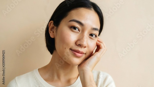 Asian Woman Smiling Touching Face in White T-Shirt Isolated on Beige Background