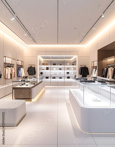 Modern Luxury Retail Store Interior Design with Apparel Displays.