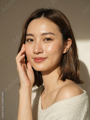 Asian Woman Touching Face with Hand in Soft Light