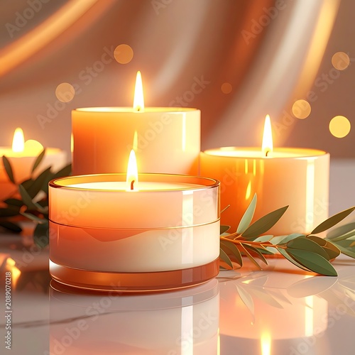 Softly lit candles in peaceful setting.