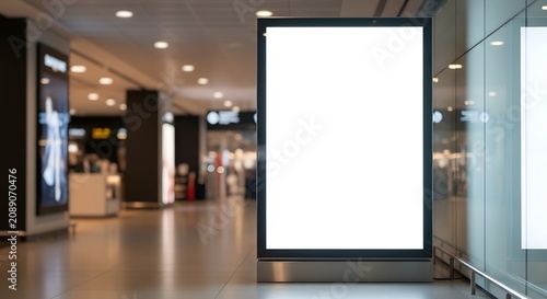 Blank white billboard in a modern airport terminal, perfect for advertising and promotional content.