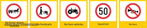 Photos No entry signs for various vehicles and speed limit