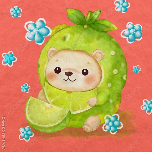 Adorable watercolor little bear with lime slice citrus backdrop, funny baby nursery sticker design