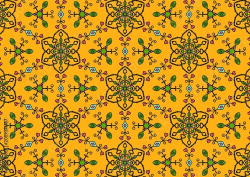 Vibrant bohemian floral mandala repeating backdrop, elegant symmetrical folk ornament for wallpaper