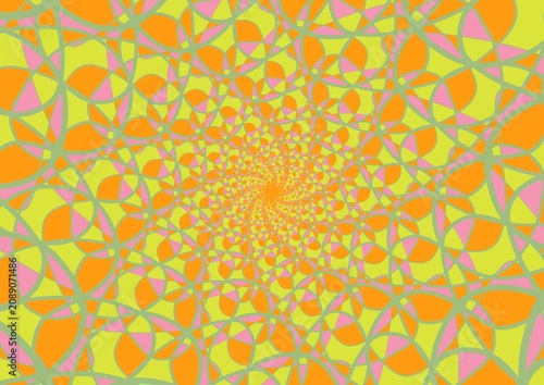 Abstract hypnotic vortex mandala pattern backdrop, bright orange and pink geometric tile texture