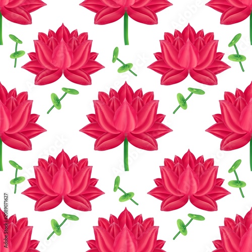 Vibrant red pink lotus flower seamless pattern, geometric botanical lily background vector for fabric