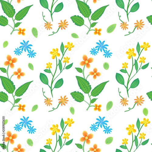 Colorful wildflower seamless pattern background, vibrant branch and leaf fabric texture vector