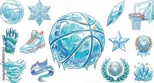 Bild auf Leinwand Frozen ice basketball vector element set with crystal hoops snowflakes boots and