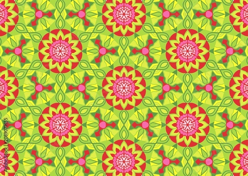 Vibrant pink flower mandala seamless pattern, geometric lime green abstract tile texture vector