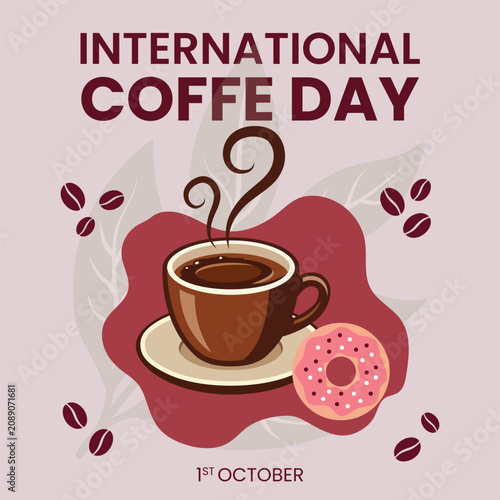 International Coffee Day poster with coffee cup and donut illustration retro cafe beverage celebration design