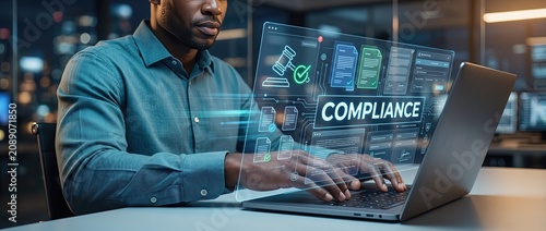 Business professional working on a laptop with digital compliance interface in modern office environment emphasizing technology and corporate governance
