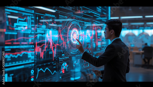 Professional analyst interacts with a large high-tech digital touch screen displaying market data.