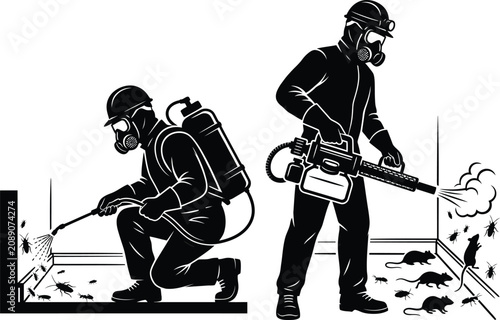 Foto Silhouette of professional pest control exterminators in protective gear sprayin