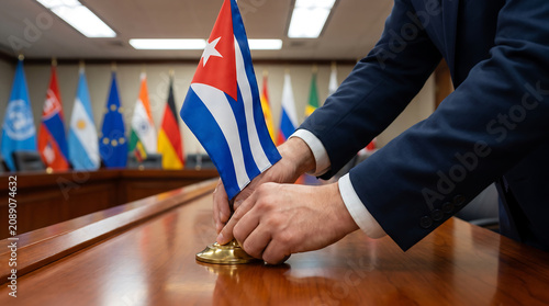 Hands placing cuba flag on table during international summit