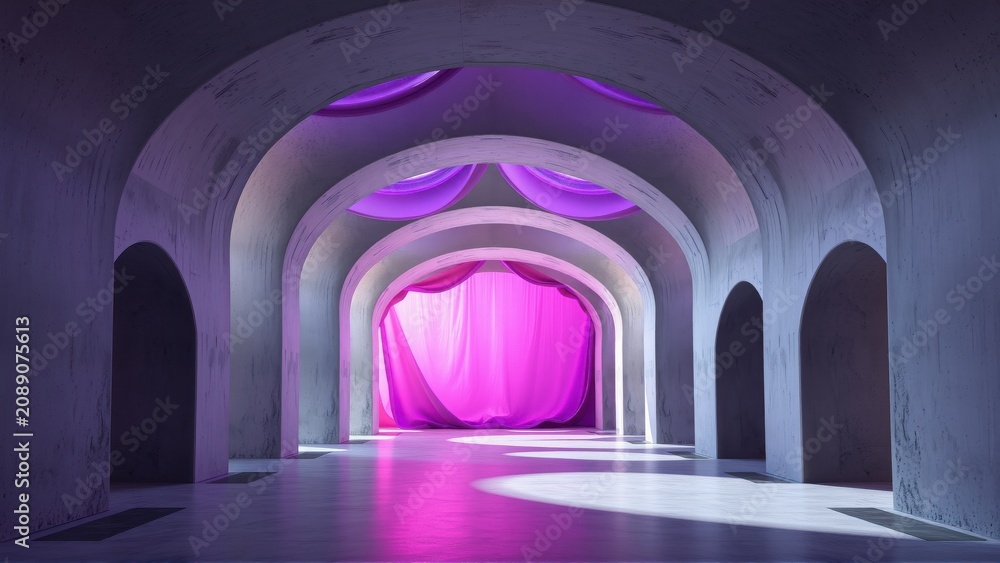 Fototapeta premium Vaulted corridor features soft pink illumination. Dramatic arches create depth, leading eyes toward vibrant fabric display. Minimalist aesthetic.