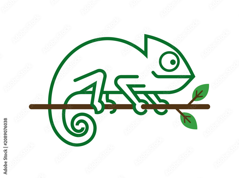 Naklejka premium Minimalist Green Chameleon Line Art Vector Illustration on Branch