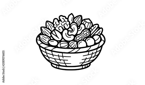 Slika na platnu Mixed Nuts in Bowl Outline featuring 30 unique Pongal festival outline icons arranged in a perfectly aligned 6×5 grid on a solid white background