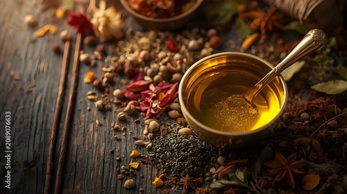 Golden herbal oil in a brass bowl with a spoon, surrounded by organic spices and medicinal herbs for ayurvedic and wellness concept