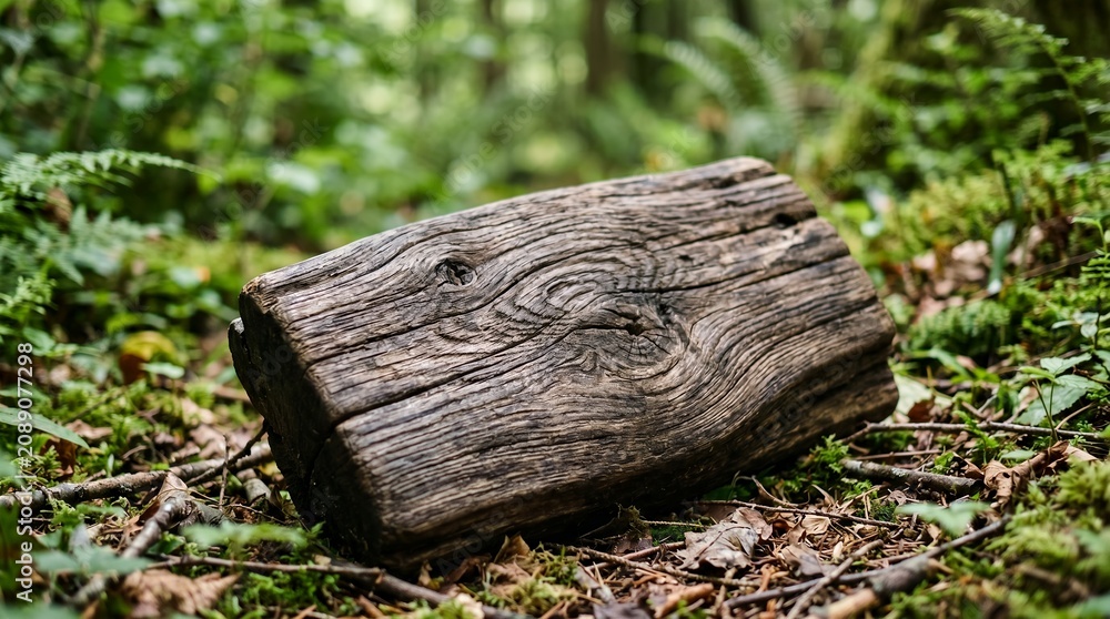 Fototapeta premium Weathered Log Resting on Mossy Forest Floor.
