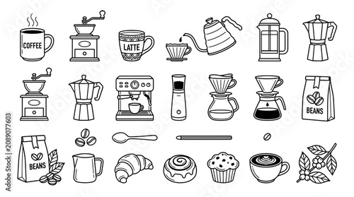 Cuadro en lienzo Coffee Icons Set: Beans, Grinders, Mugs, Brewing Tools, Pastries, and More