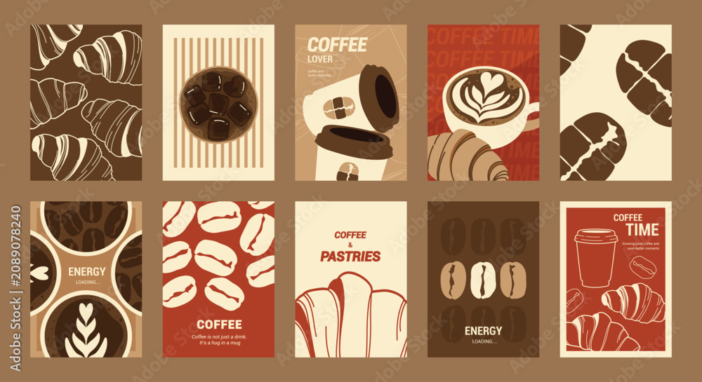 Fototapeta premium Coffee shop poster templates vector set. Retro cafe wall art with coffee cups, beans, latte art, espresso machine, moka pot, takeaway cup and croissant patterns