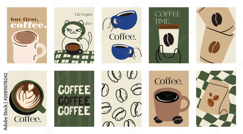 Fototapeta premium Coffee shop poster templates vector set. Retro cafe wall art with coffee cups, beans, latte art, espresso machine, moka pot, takeaway cup and croissant patterns