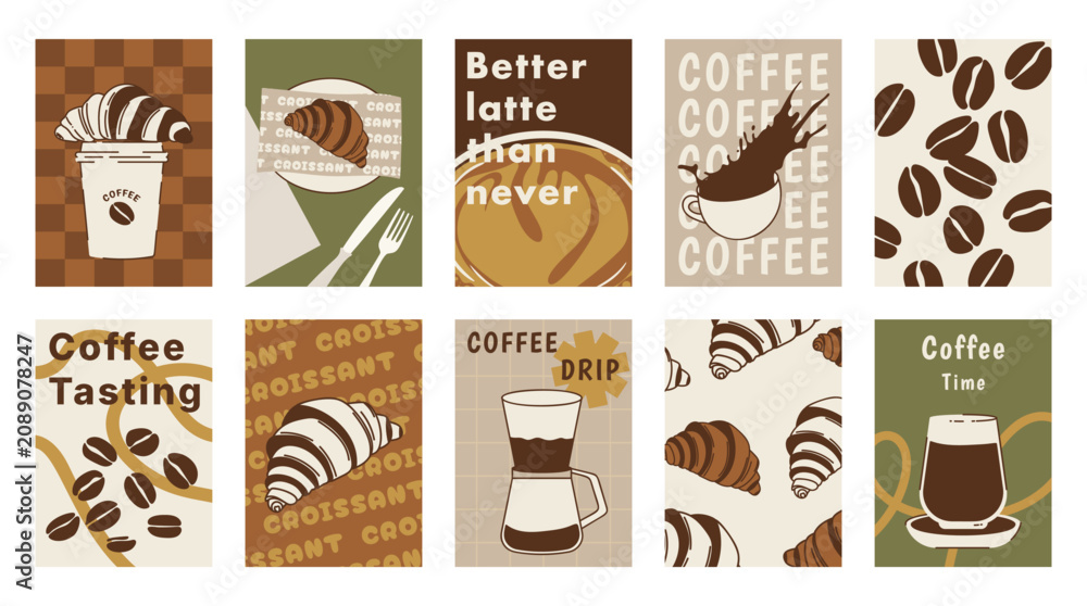 Fototapeta premium Coffee shop poster templates vector set. Retro cafe wall art with coffee cups, beans, latte art, espresso machine, moka pot, takeaway cup and croissant patterns