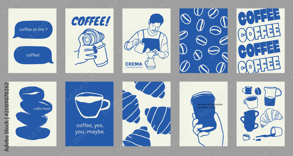 Fototapeta premium Coffee shop poster templates vector set. Retro cafe wall art with coffee cups, beans, latte art, espresso machine, moka pot, takeaway cup and croissant patterns