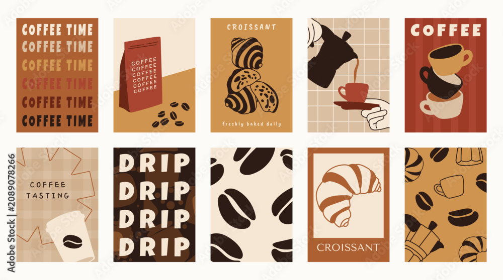 Fototapeta premium Coffee shop poster templates vector set. Retro cafe wall art with coffee cups, beans, latte art, espresso machine, moka pot, takeaway cup and croissant patterns