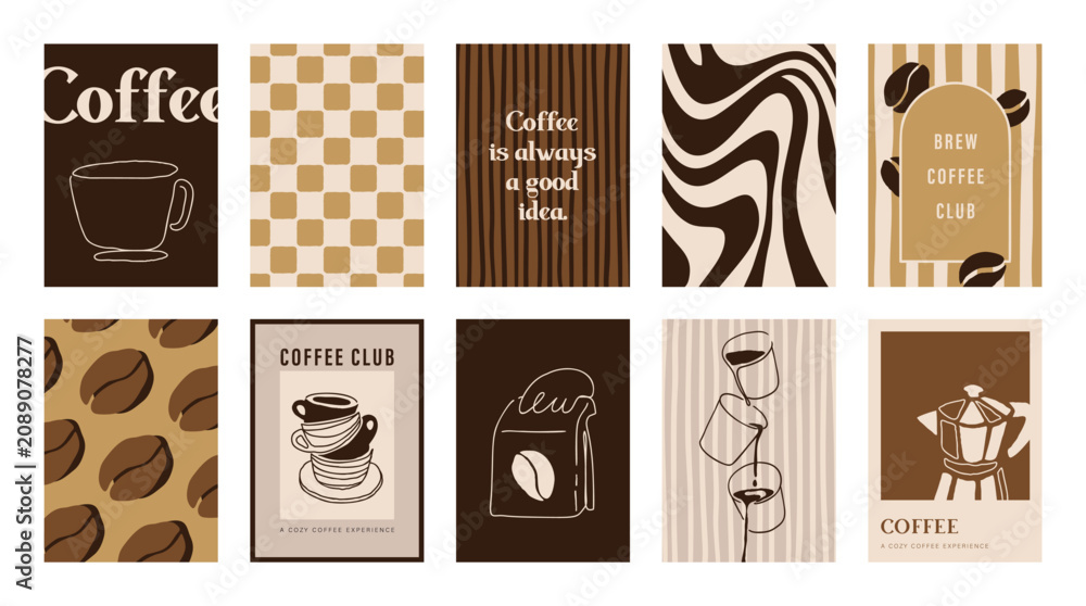 Fototapeta premium Coffee shop poster templates vector set. Retro cafe wall art with coffee cups, beans, latte art, espresso machine, moka pot, takeaway cup and croissant patterns