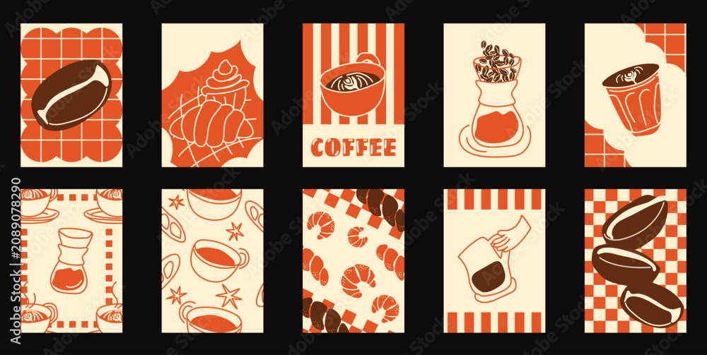 Fototapeta premium Coffee shop poster templates vector set. Retro cafe wall art with coffee cups, beans, latte art, espresso machine, moka pot, takeaway cup and croissant patterns