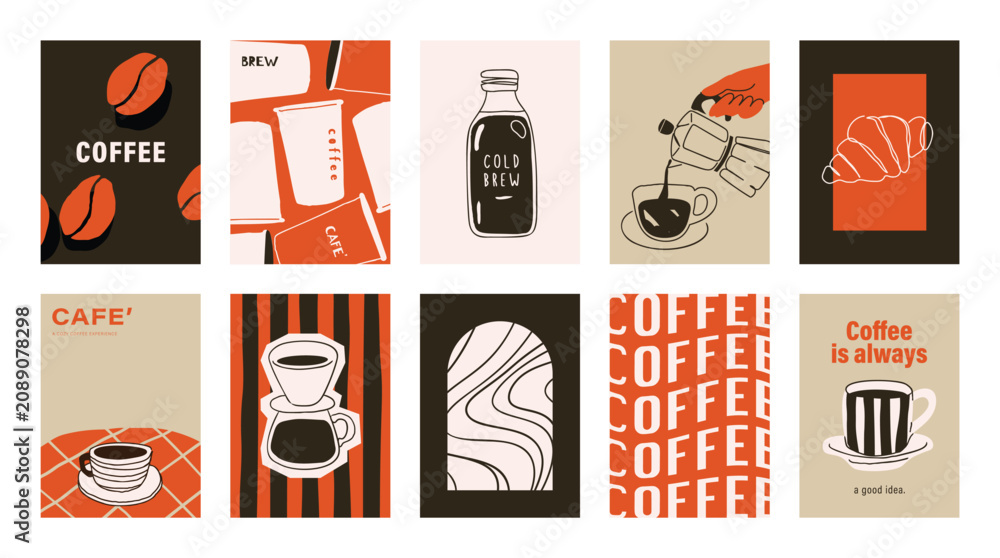 Fototapeta premium Coffee shop poster templates vector set. Retro cafe wall art with coffee cups, beans, latte art, espresso machine, moka pot, takeaway cup and croissant patterns