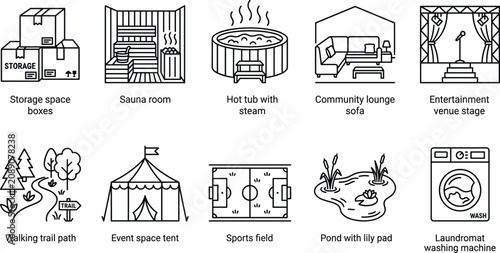 Φωτογραφία Real estate amenity and lifestyle facility line icons showing leisure spaces with outdoor recreation areas