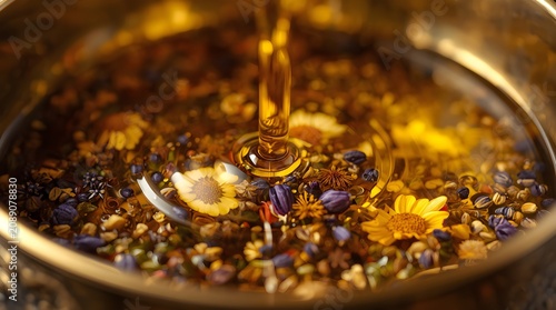 Golden herbal oil pouring into a brass bowl with colorful flower petals, aromatherapy and luxury spa wellness concept