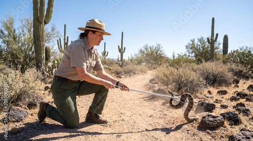Park ranger using hook to handle diamondback rattlesnake in desert
