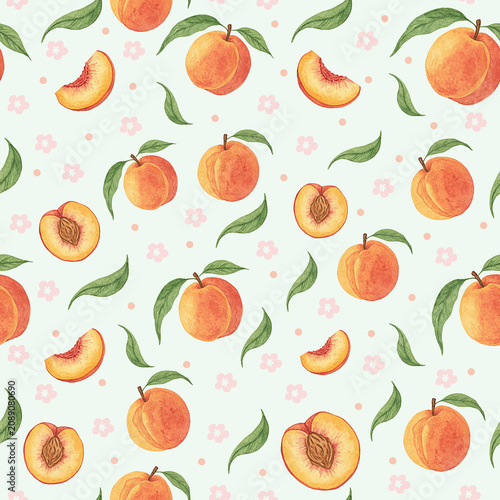 Watercolor Peach Seamless Pattern with Blossoms and Leaves- Soft Mint