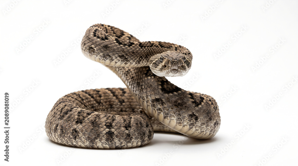 Obraz premium Coiled diamondback rattlesnake isolated on white background