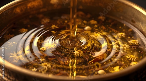 Beautiful ripples of golden herbal oil pouring into a brass bowl, luxury spa wellness and aromatherapy concept