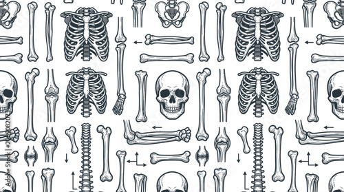 Seamless Pattern of Human Skeleton Anatomy Elements, Medical Illustration