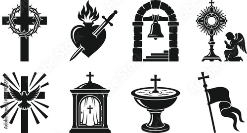 Bild auf Leinwand Christian religious icons and symbols black silhouette collection isolated on wh