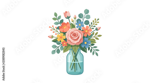 Schilderij op canvas Floral Bouquet in Glass Vase Vector Illustration