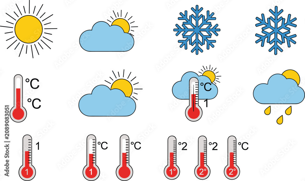 Obraz premium Weather Forecast Icon Set with Sun Clouds Snowflakes Raindrops and Thermometer Symbols for Climate Reports and Interface Design Vector Illustration