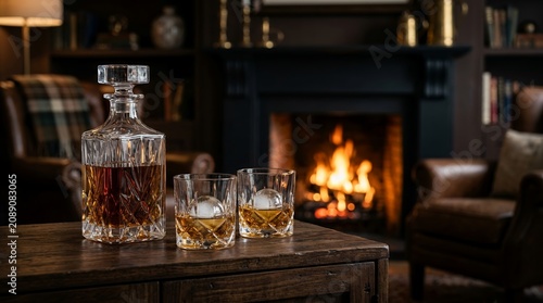 Whiskey Decanter and Glasses by a Cozy Fireplace.
