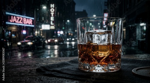 Whiskey drink with ice in a glass on a table at night with a jazz bar in the background.