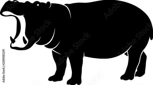 Foto Black hippopotamus silhouette, aggressive hippo icon, animal graphics, wildlife