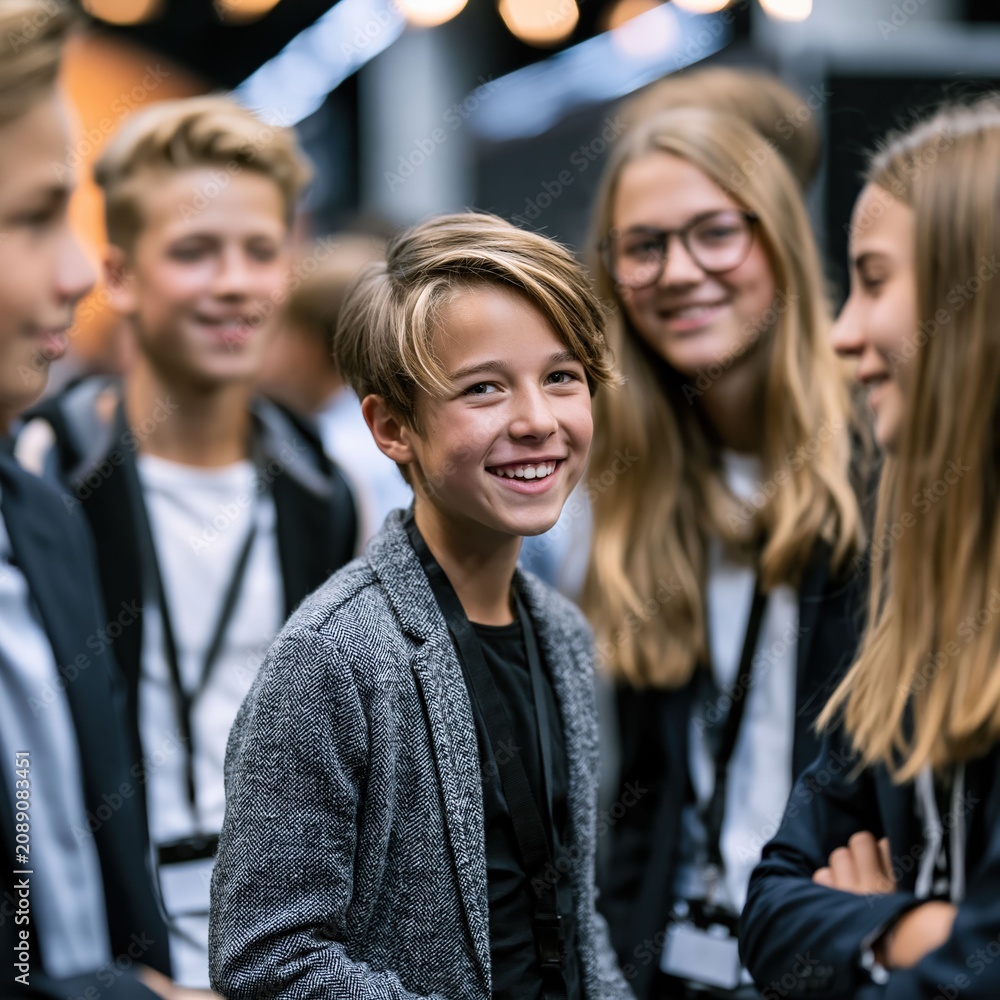 Fototapeta premium Happy student interns in formal attire stand together at a business fair, representing workplace learning, confidence, and positive first impressions.