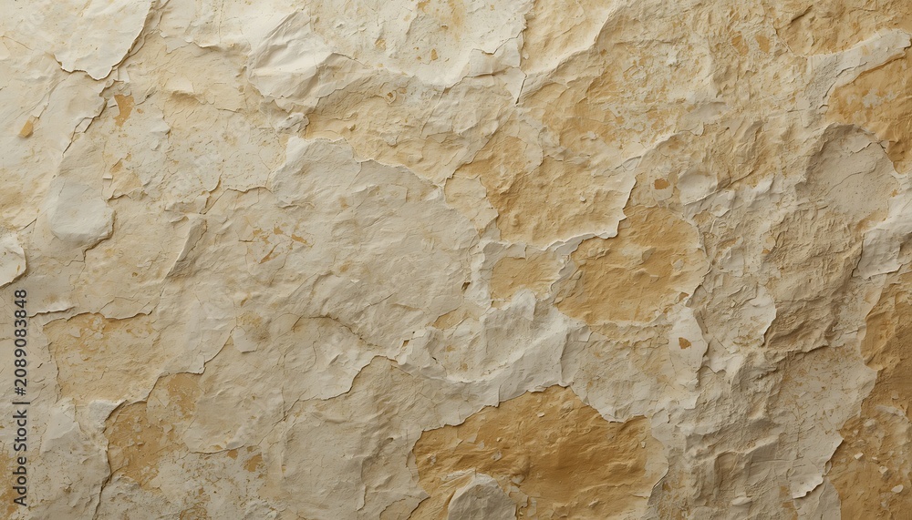 Obraz premium Vintage peeling plaster wall texture, distressed beige stucco surface, weathered old building facade with cracked paint and rustic stone details