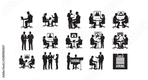 Business people silhouettes set illustrating interviews, team meetings, and various corporate interactions.