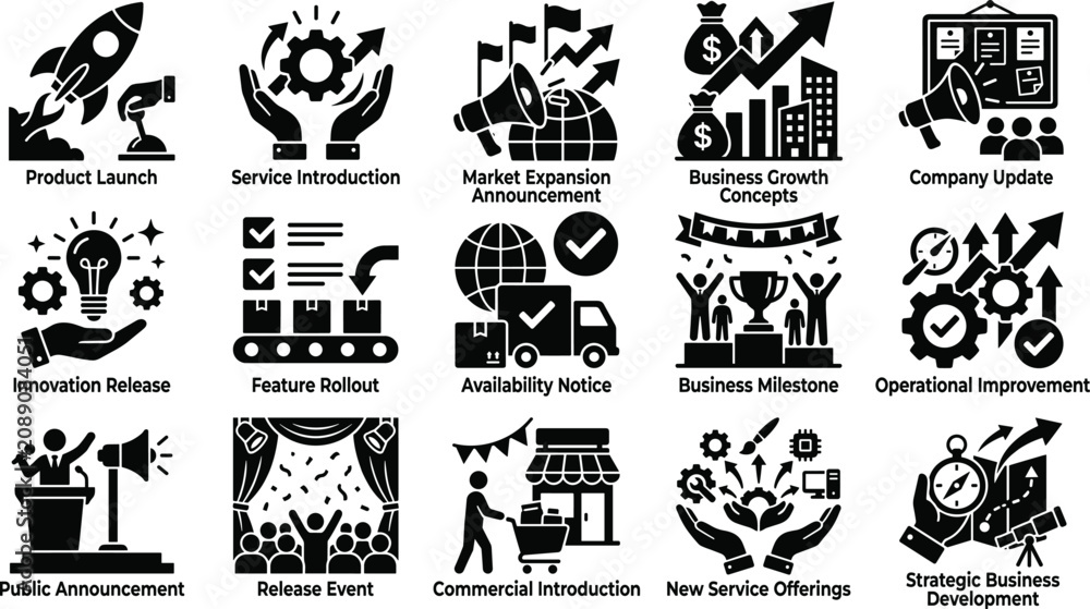 Fototapeta premium Solid black business strategy product launch and market expansion silhouette vector icon set
