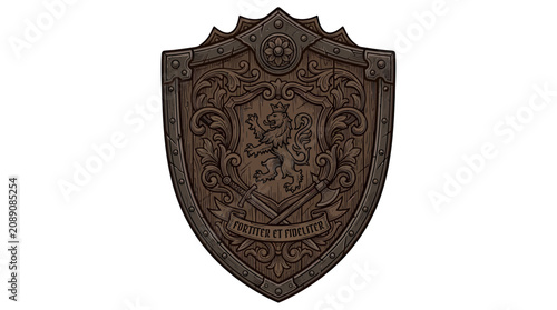 Bild auf Leinwand Medieval Shield Emblem, Ornate Wood Carving, Heraldic Crest, Ancient Warrior Gea